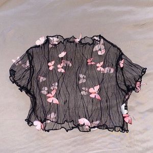 Sheer black pink butterfly crop top XS